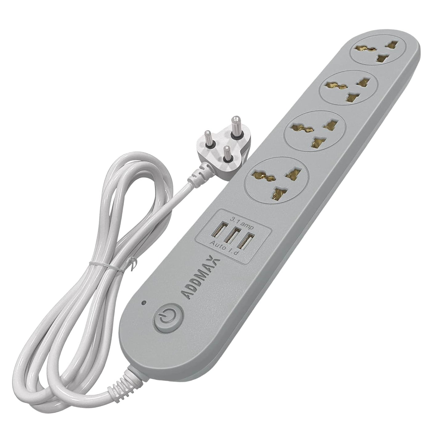 ADDMAX Extension Cord with USB Port – 10 Amp 220V-50/60Hz [4 Socket Outlet with 3 USB Port] Power Strip (Light Grey)