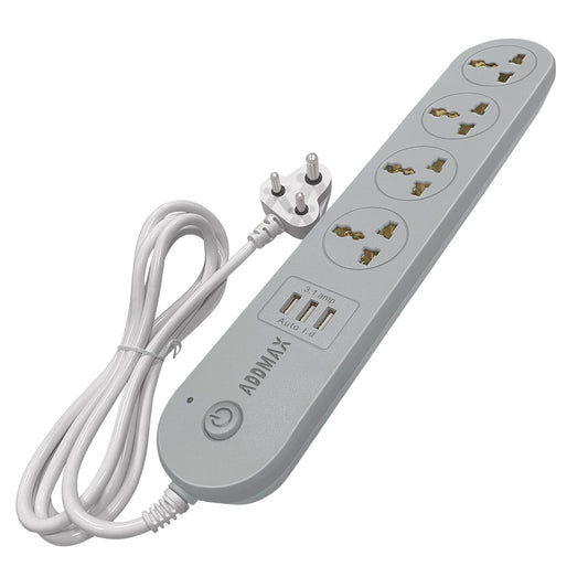 ADDMAX Extension Cord with USB Port – 10 Amp 220V-50/60Hz [4 Socket Outlet with 3 USB Port] Power Strip (Light Grey)