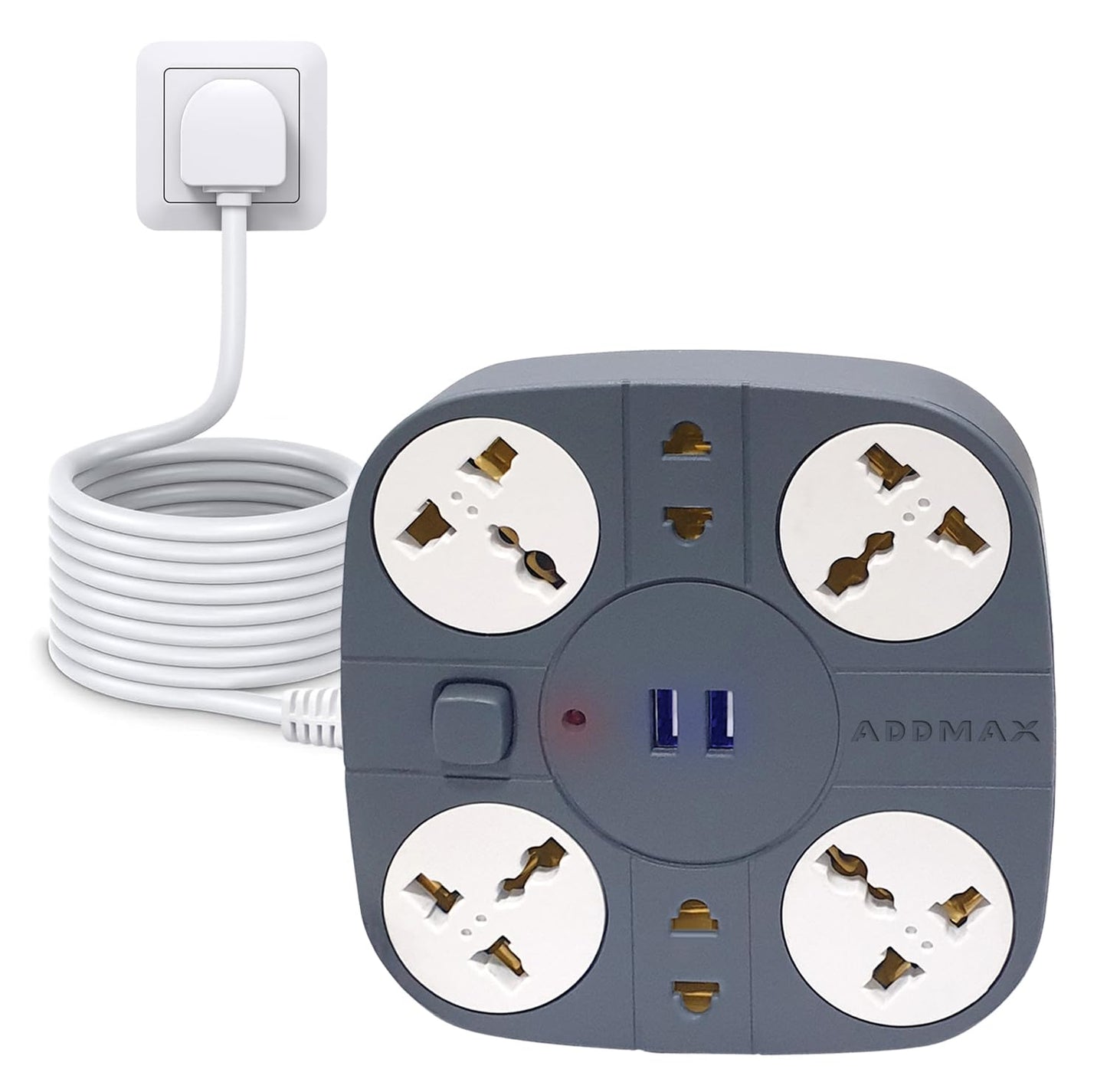 ADDMAX Extension Board with USB, 6 Socket Power Strip | 2 USB + 1 Type C Port | 10A Surge Protector | Multi Plug Extension for Home, Office, TV, Computer (Grey)