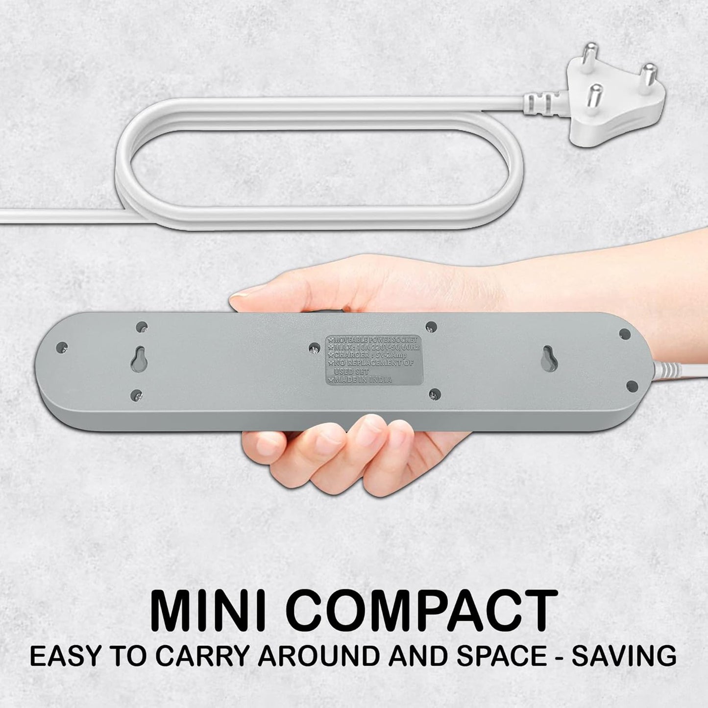 ADDMAX Extension Cord with USB Port – 10 Amp 220V-50/60Hz [4 Socket Outlet with 3 USB Port] Power Strip (Light Grey)