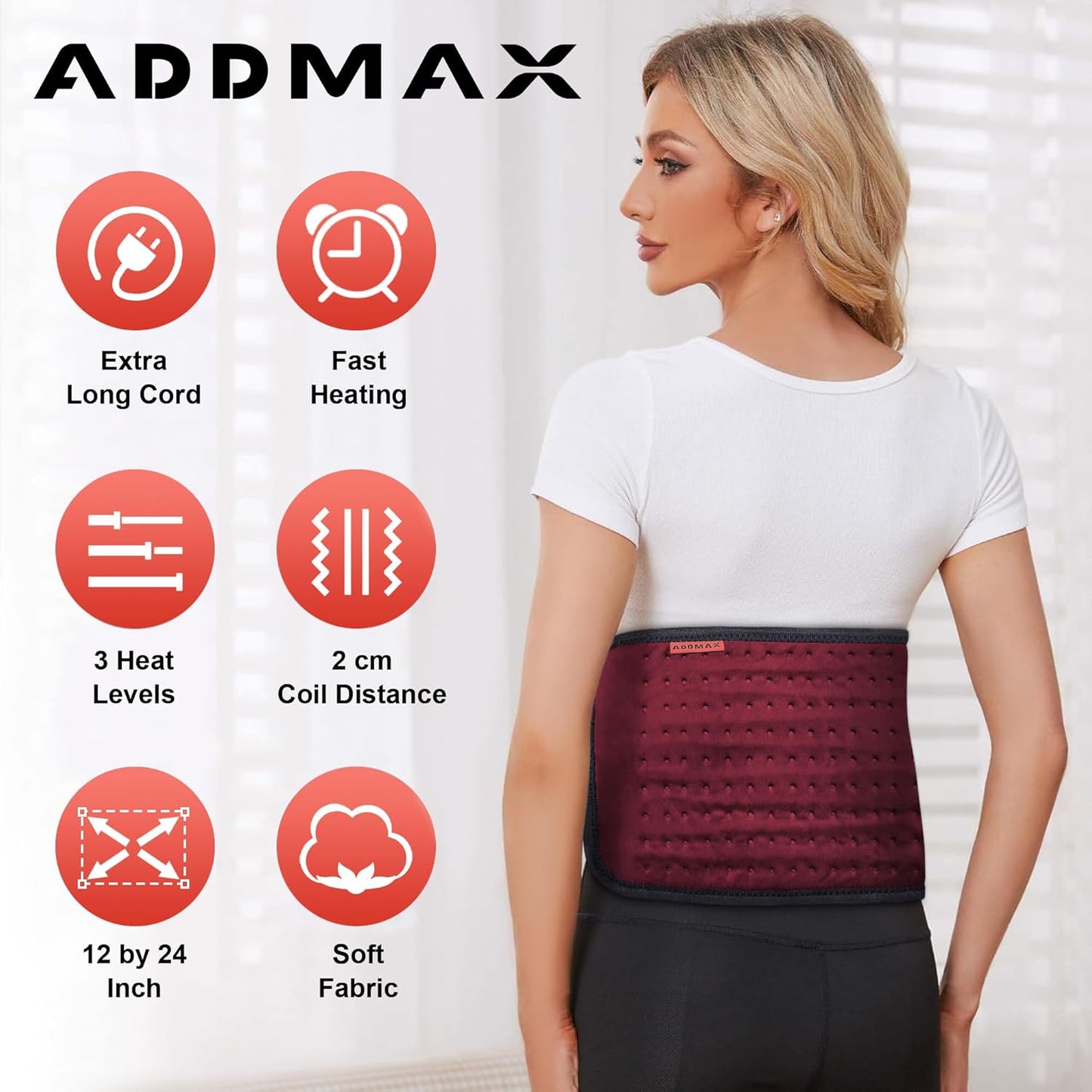 ADDMAX Electric Heating Pad - 3 Level Temperature Settings Heating Belt for Period Cramps (Wine) - Regular Size