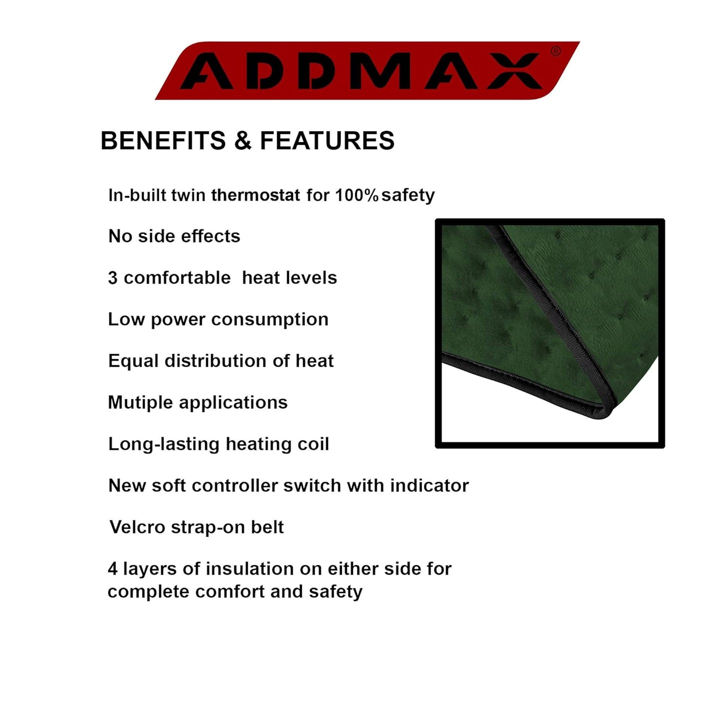 ADDMAX Electric Heating Pad - 3 Level Temperature Settings Heating Belt for Period Cramps (Dark Green) - Regular Size