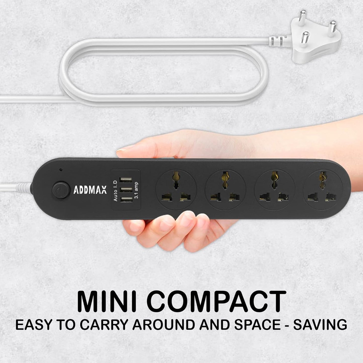 ADDMAX Extension Cord with USB Port – 10 Amp 220V-50/60Hz [4 Socket Outlet with 3 USB Port] Power Strip (Black)