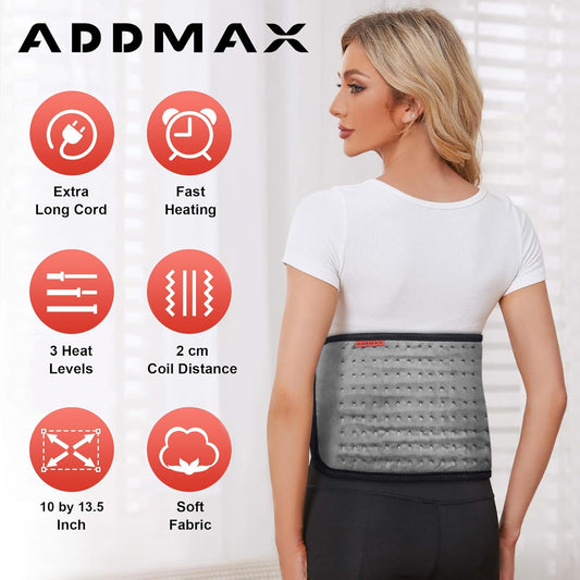 ADDMAX Electric Heating Pad - 3 Level Temperature Settings Heating Belt for Period Cramps (Dark Grey) - Regular Size
