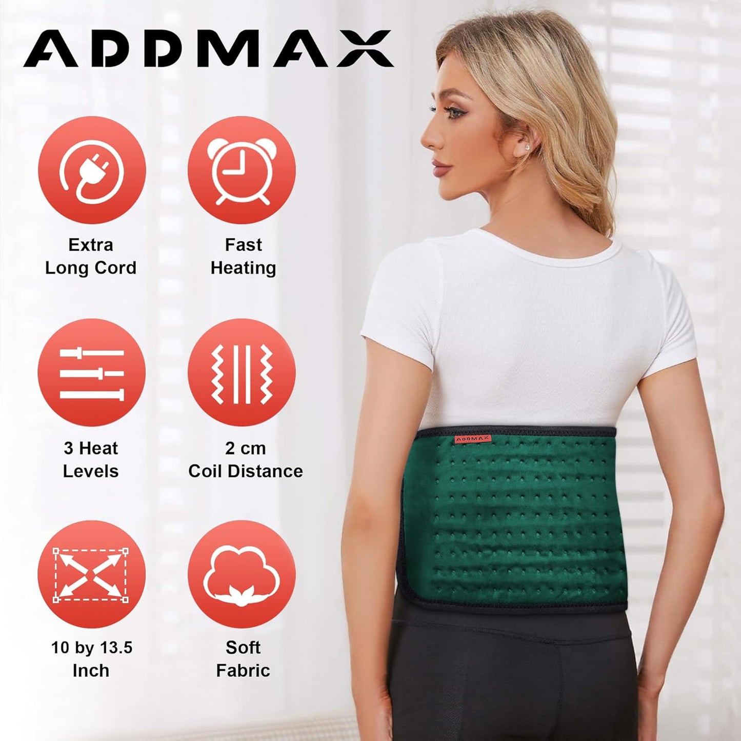 ADDMAX Electric Heating Pad - 3 Level Temperature Settings Heating Belt for Period Cramps (Dark Green) - Regular Size