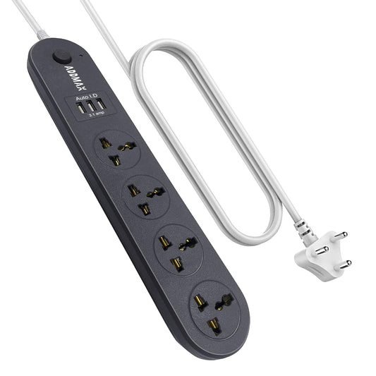 ADDMAX Extension Cord with USB Port – 10 Amp 220V-50/60Hz [4 Socket Outlet with 3 USB Port] Power Strip (Dark Grey)