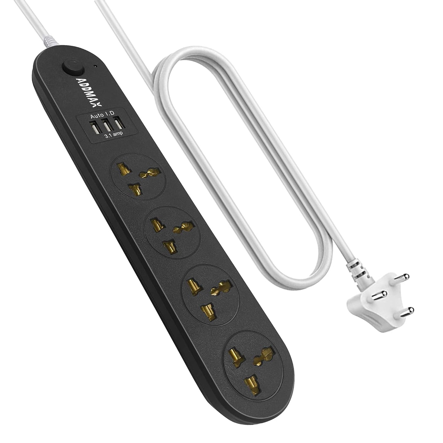 ADDMAX Extension Cord with USB Port – 10 Amp 220V-50/60Hz [4 Socket Outlet with 3 USB Port] Power Strip (Black)