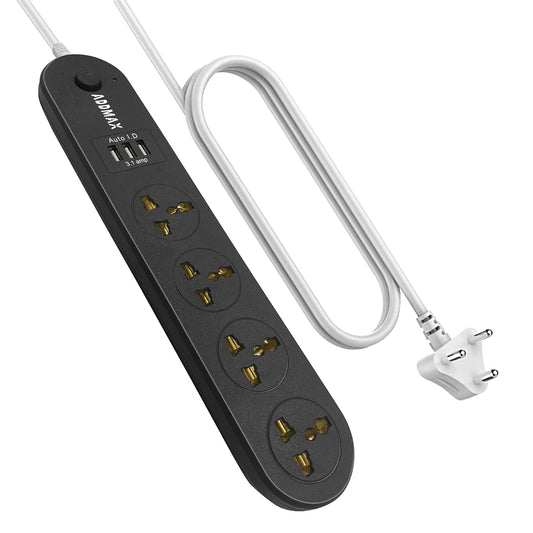 ADDMAX Extension Cord with USB Port – 10 Amp 220V-50/60Hz [4 Socket Outlet with 3 USB Port] Power Strip (Black)