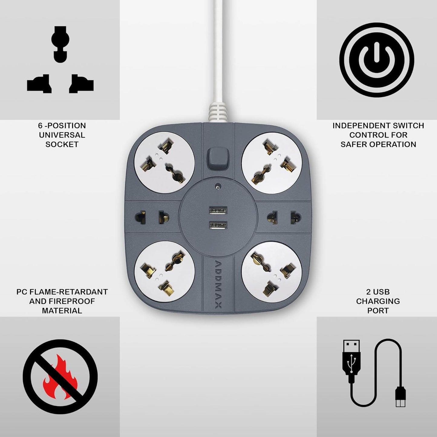 ADDMAX Extension Board with USB, 6 Socket Power Strip | 2 USB + 1 Type C Port | 10A Surge Protector | Multi Plug Extension for Home, Office, TV, Computer (Grey)