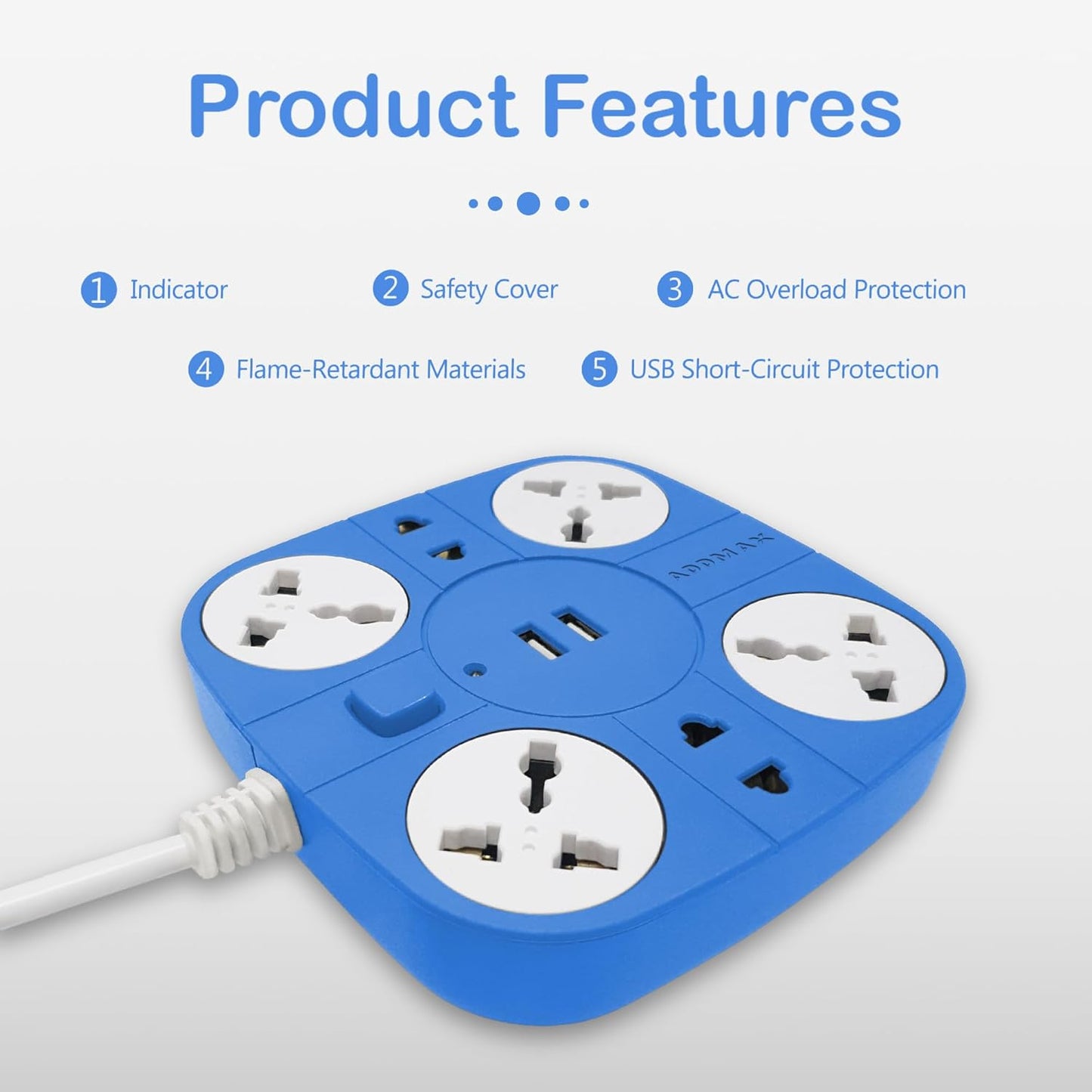 ADDMAX Extension Cord with USB Port – 10 Amp 220V-50/60Hz [6 Socket Outlet with 2 USB Port] [1.8 Meter Cord] Extension Board