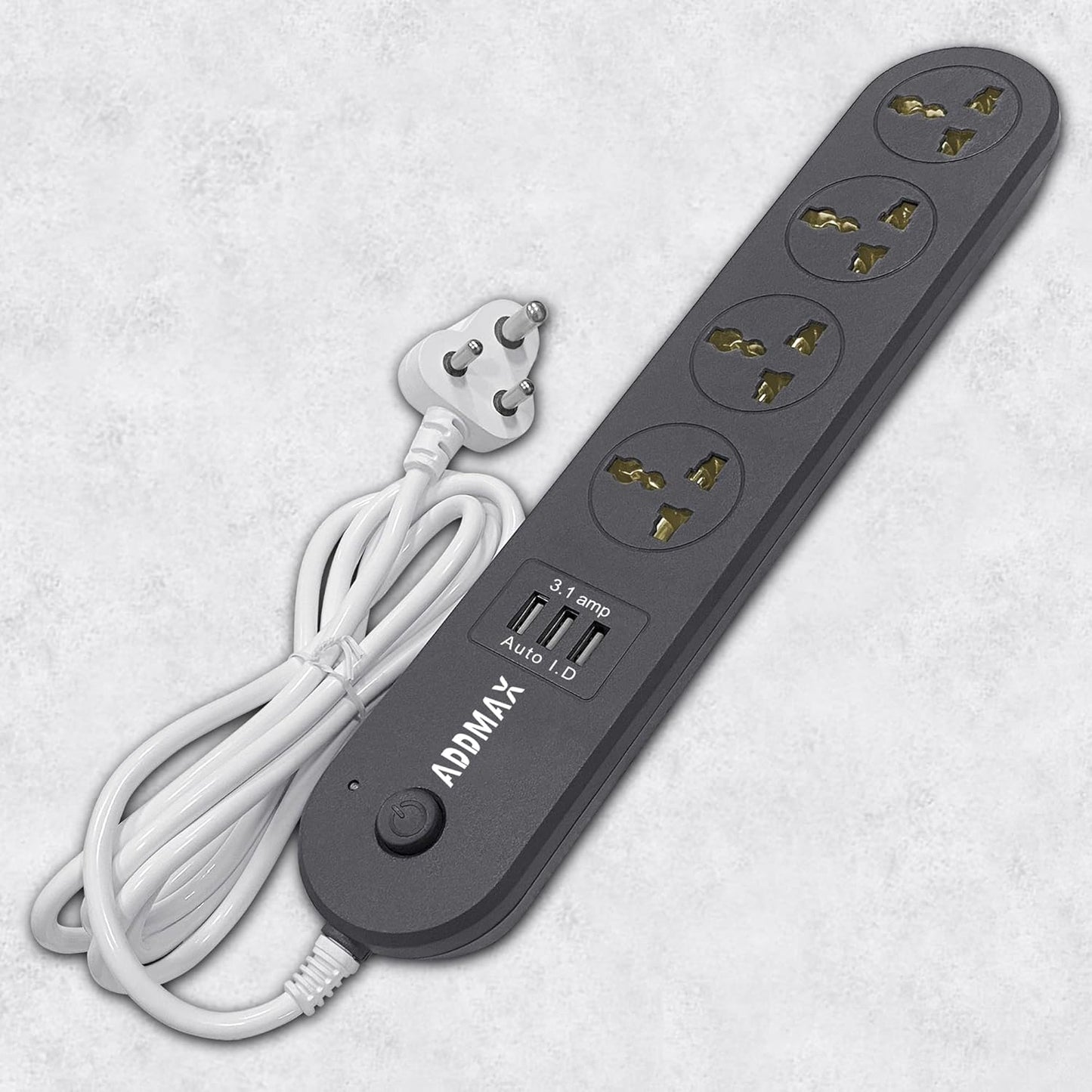 ADDMAX Extension Cord with USB Port – 10 Amp 220V-50/60Hz [4 Socket Outlet with 3 USB Port] Power Strip (Dark Grey)