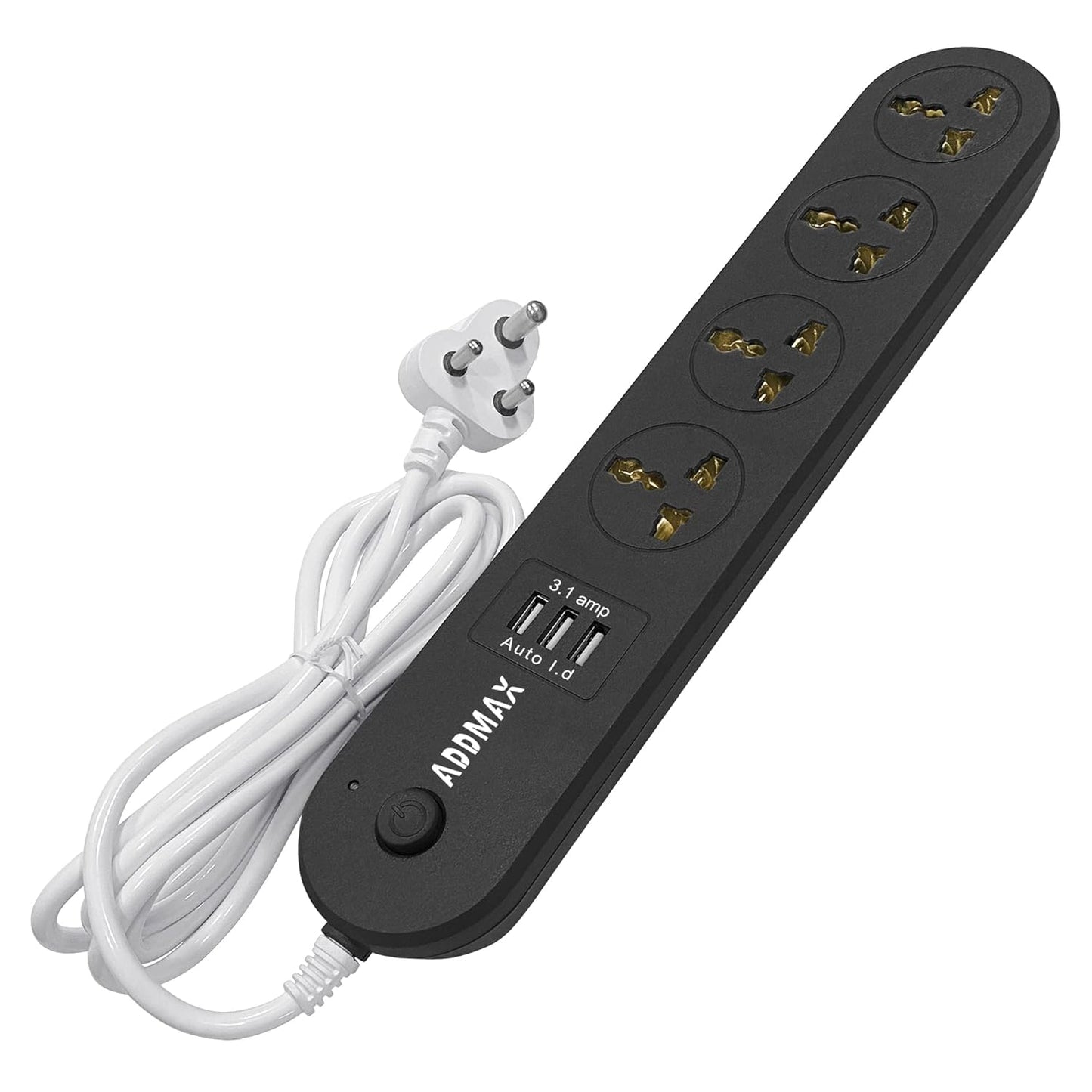 ADDMAX Extension Cord with USB Port – 10 Amp 220V-50/60Hz [4 Socket Outlet with 3 USB Port] Power Strip (Black)