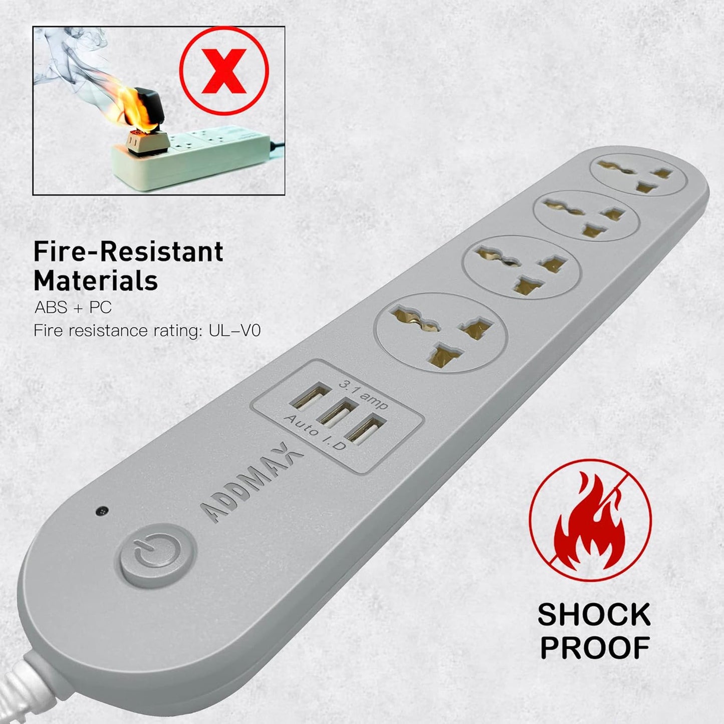 ADDMAX Extension Cord with USB Port – 10 Amp 220V-50/60Hz [4 Socket Outlet with 3 USB Port] Power Strip (Light Grey)