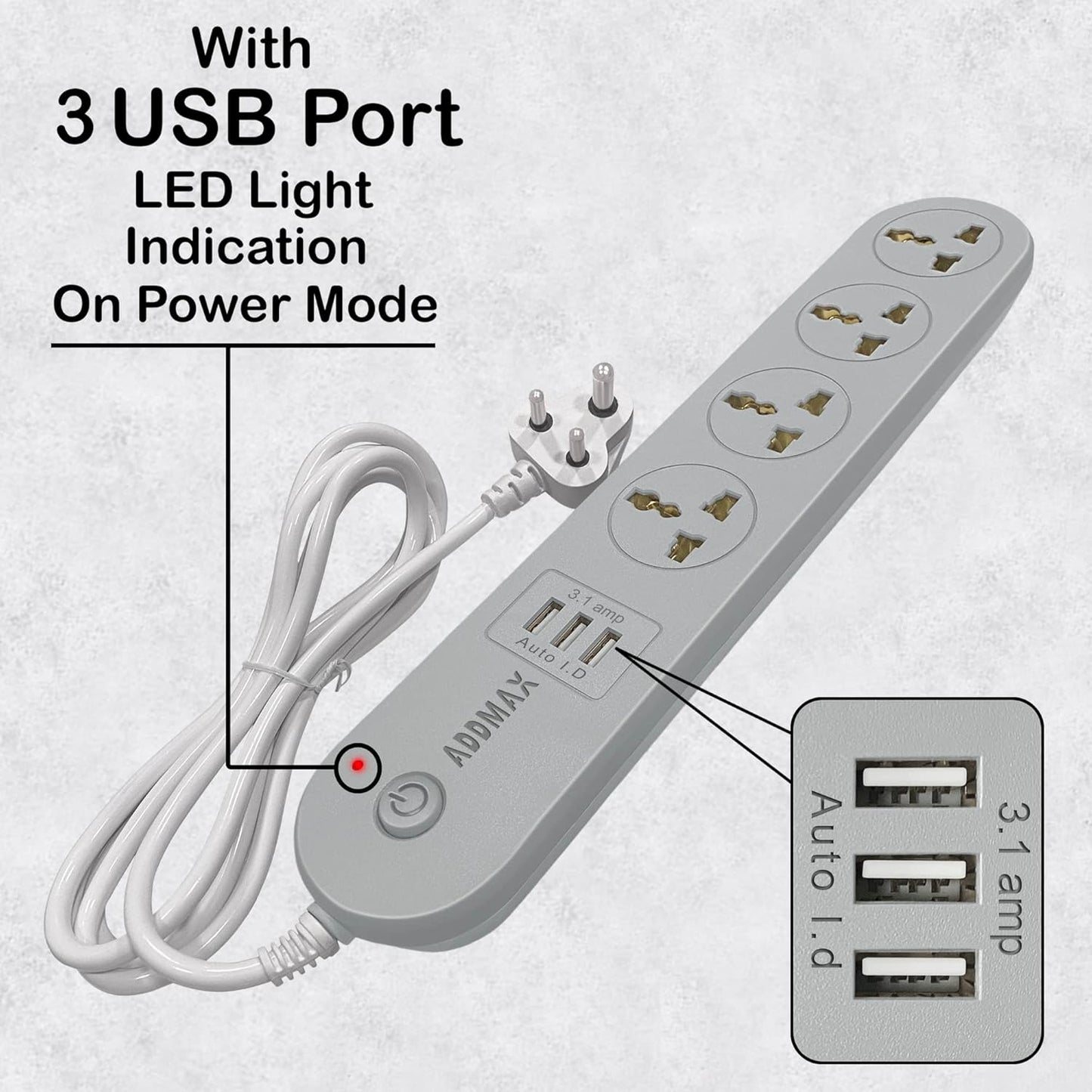 ADDMAX Extension Cord with USB Port – 10 Amp 220V-50/60Hz [4 Socket Outlet with 3 USB Port] Power Strip (Light Grey)