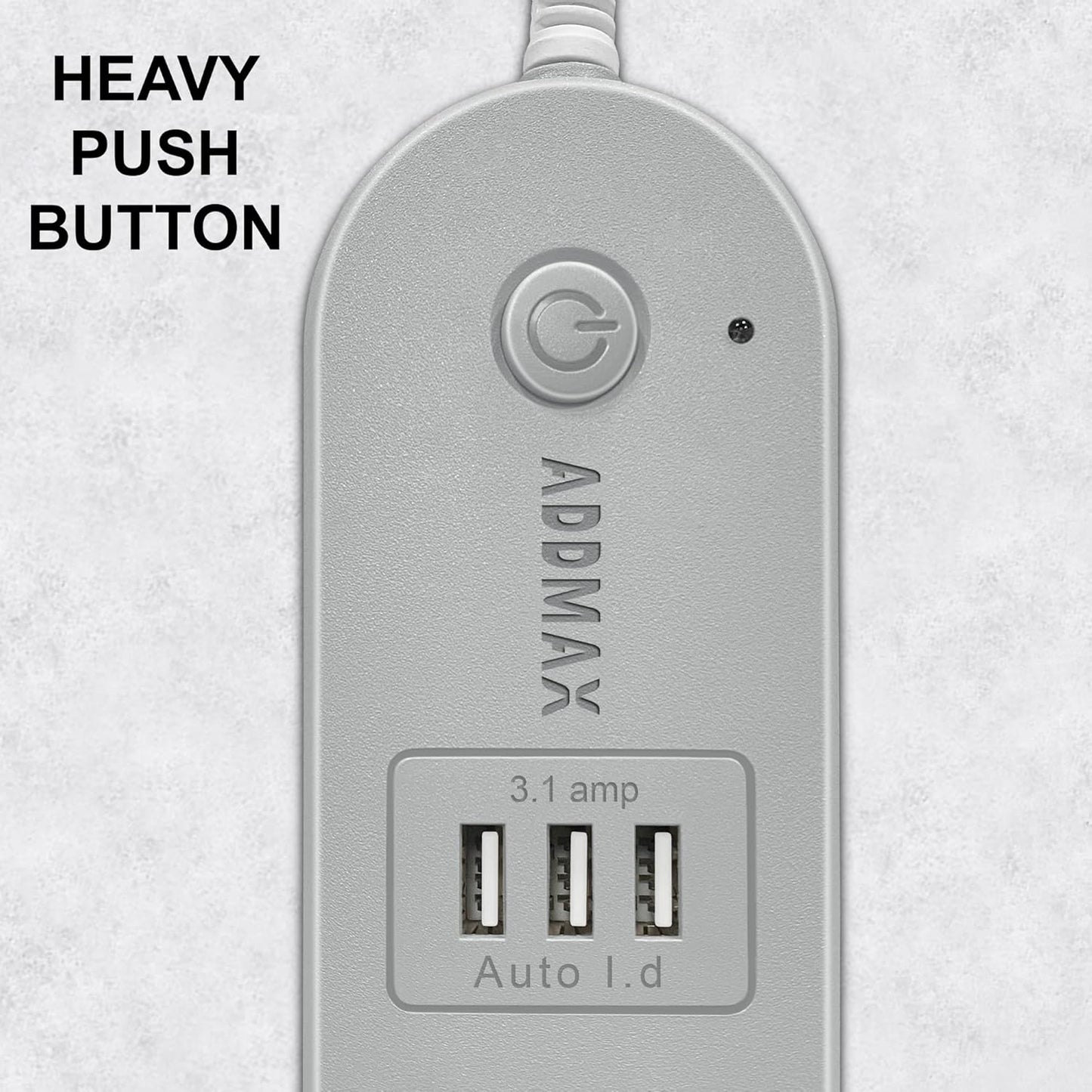 ADDMAX Extension Cord with USB Port – 10 Amp 220V-50/60Hz [4 Socket Outlet with 3 USB Port] Power Strip (Light Grey)