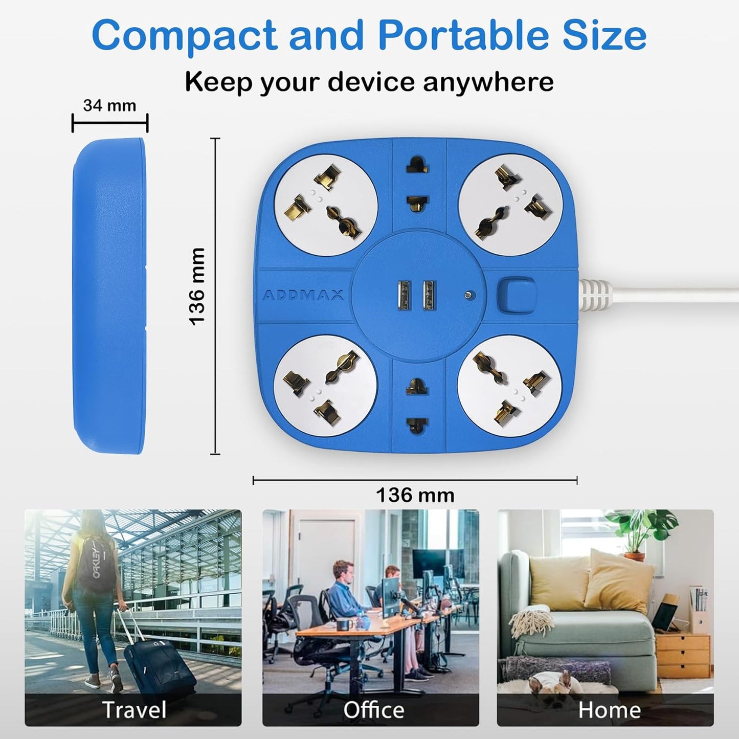 ADDMAX Extension Cord with USB Port – 10 Amp 220V-50/60Hz [6 Socket Outlet with 2 USB Port] [1.8 Meter Cord] Extension Board