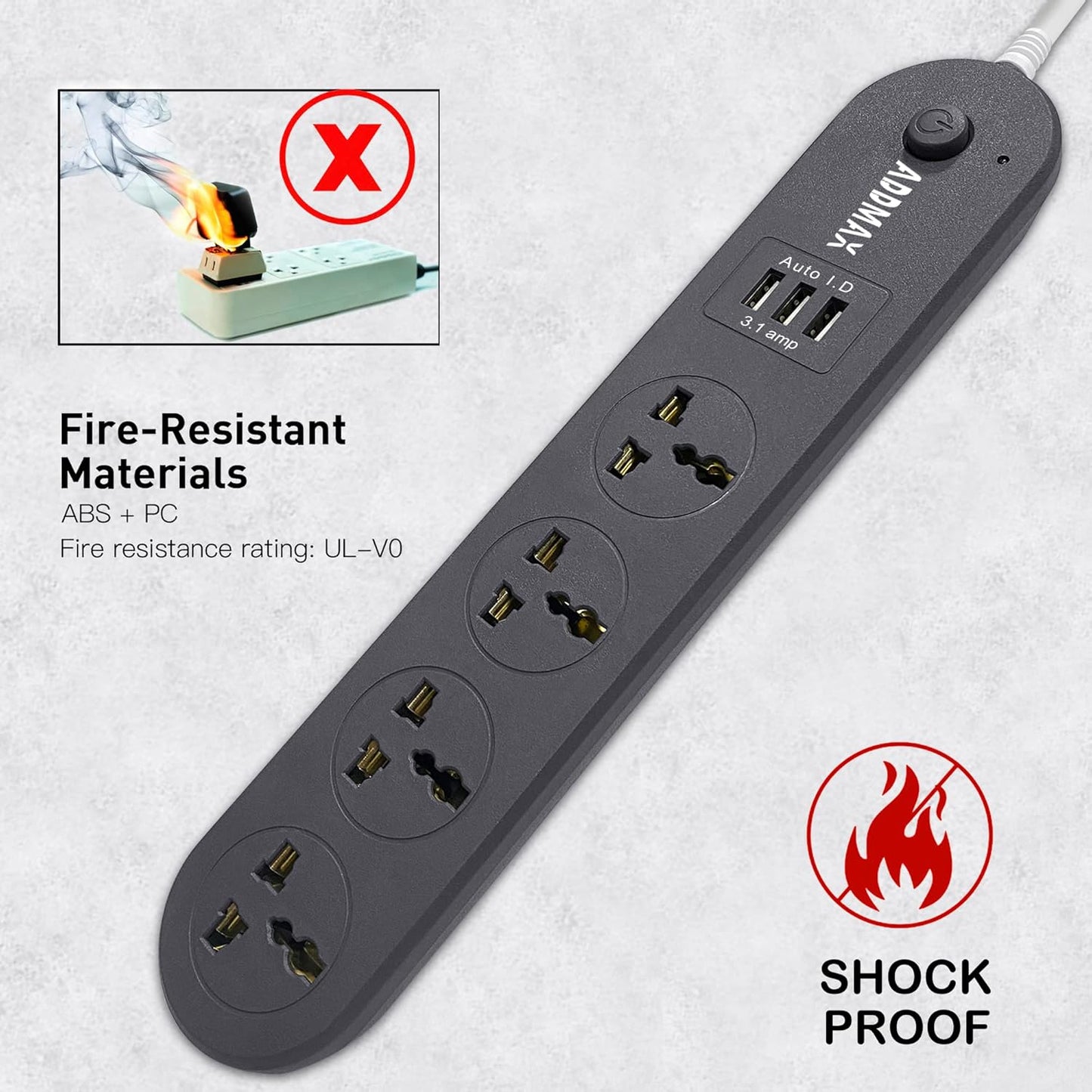 ADDMAX Extension Cord with USB Port – 10 Amp 220V-50/60Hz [4 Socket Outlet with 3 USB Port] Power Strip (Dark Grey)
