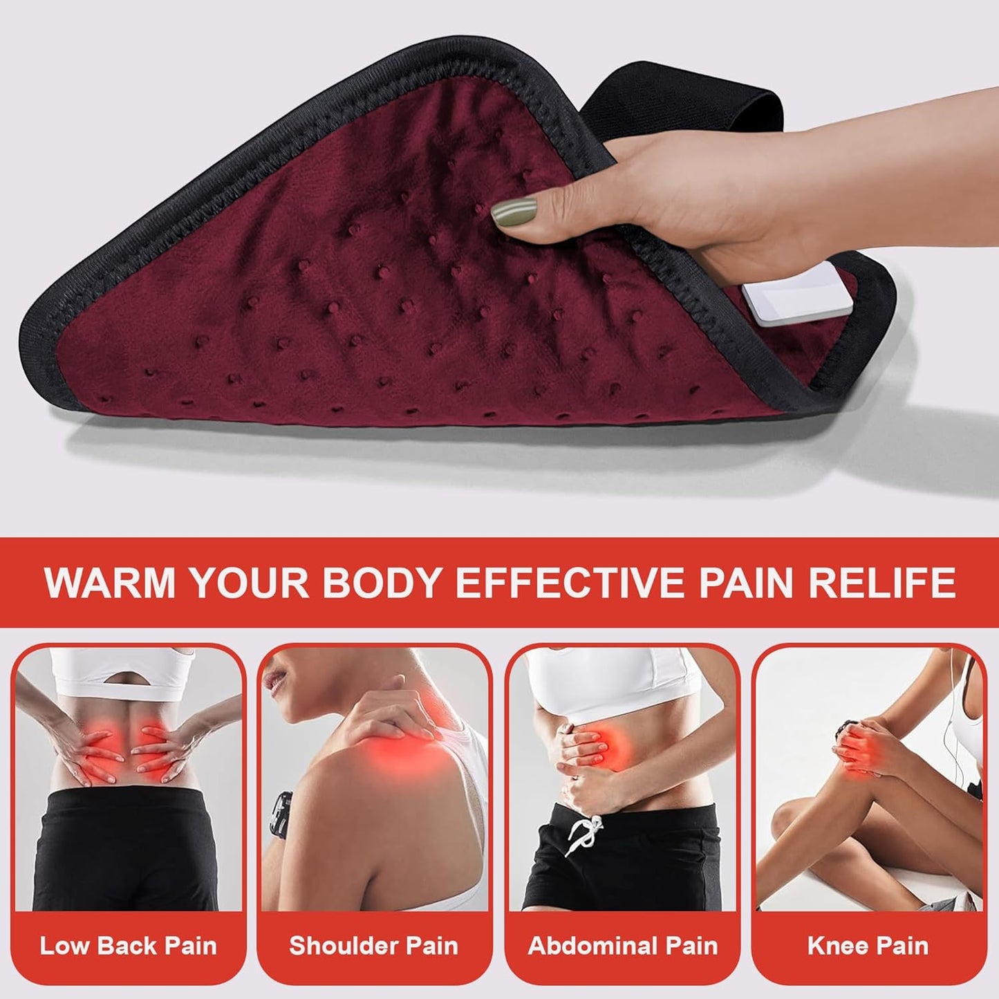ADDMAX Electric Heating Pad - 3 Level Temperature Settings Heating Belt for Period Cramps (Wine) - Regular Size