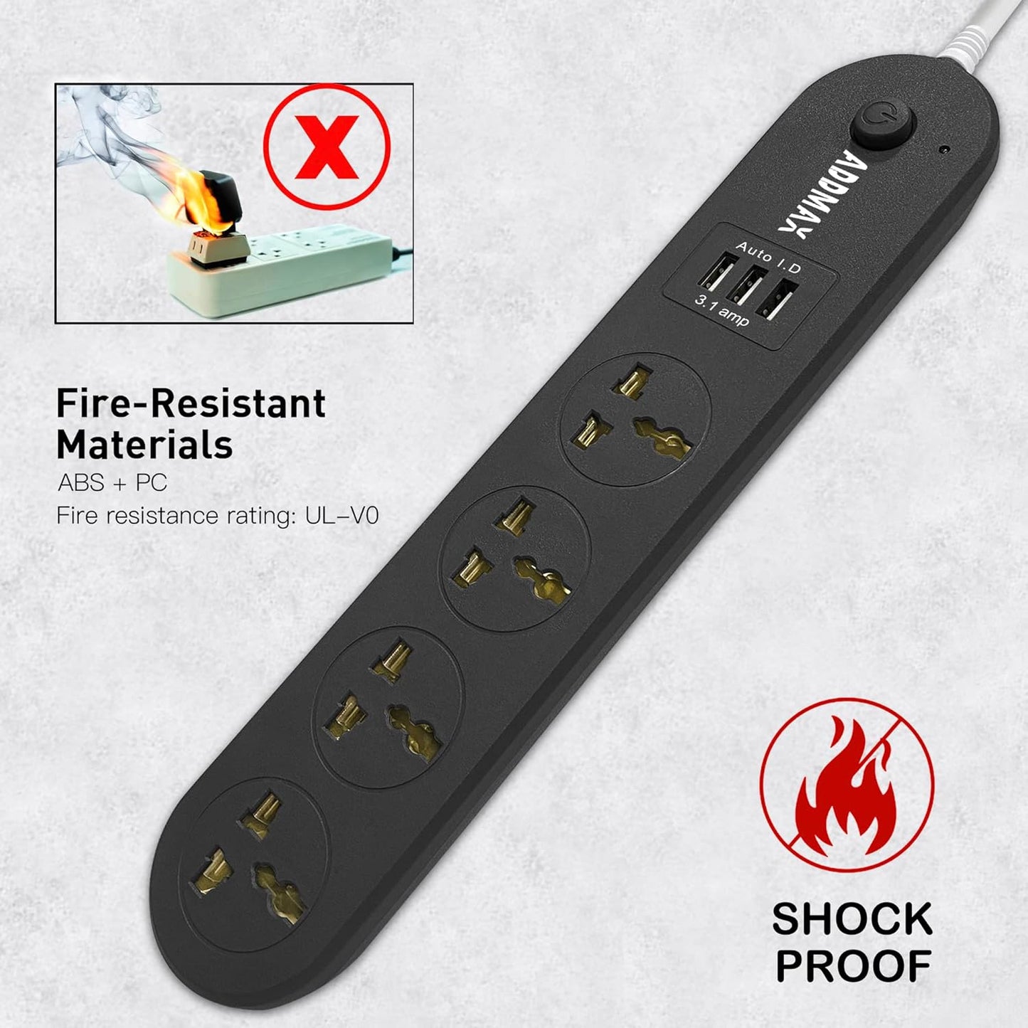 ADDMAX Extension Cord with USB Port – 10 Amp 220V-50/60Hz [4 Socket Outlet with 3 USB Port] Power Strip (Black)