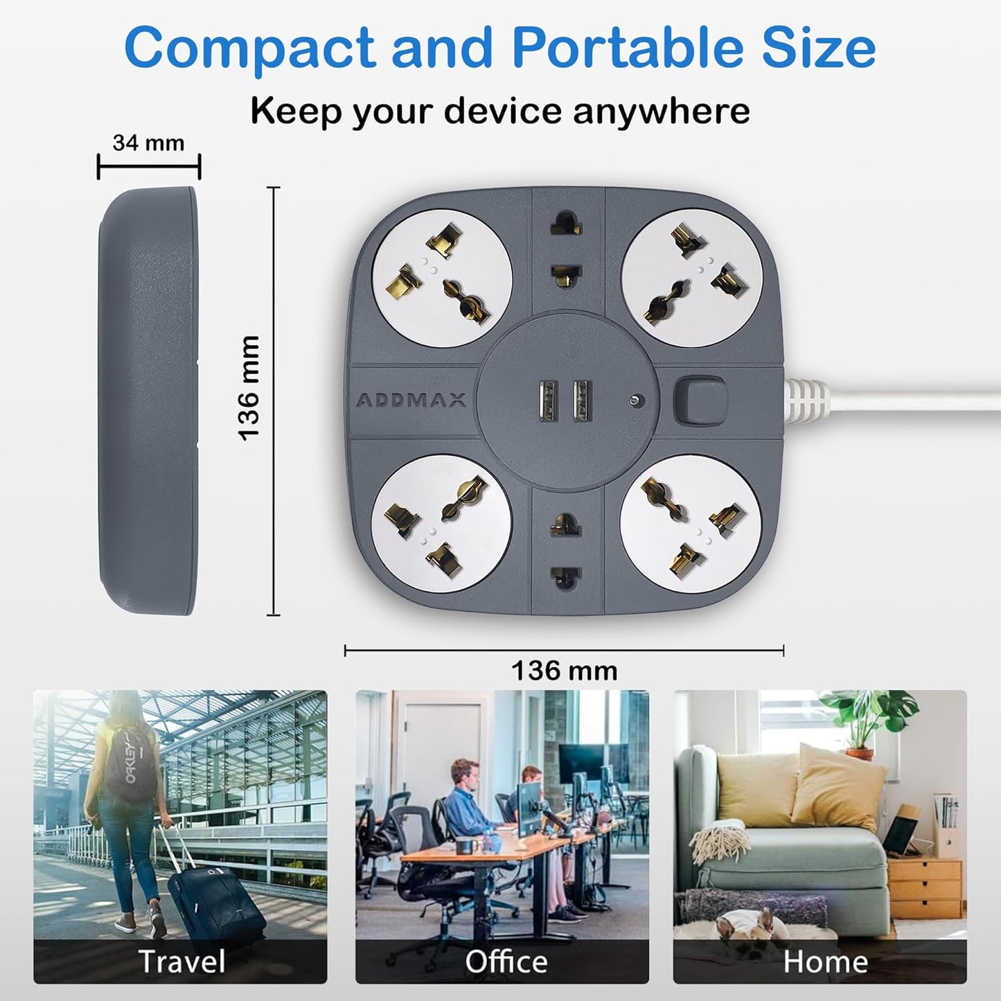 ADDMAX Extension Board with USB, 6 Socket Power Strip | 2 USB + 1 Type C Port | 10A Surge Protector | Multi Plug Extension for Home, Office, TV, Computer (Grey)